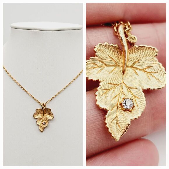 Avon Jewelry - Vintage Avon Etched Leaf Faceted Clear Rhinestone Gold Tone Necklace 15" EVC